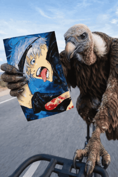 Vulture Holding Picture Of Man With Bloody Face GIF