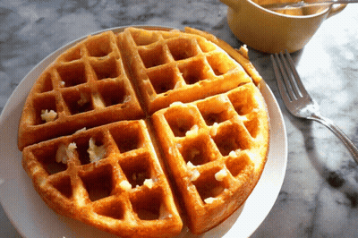 Waffle On Plate With Fork And Syrup GIF