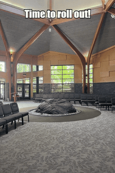 Waiting Room With Rock Saying Time To Roll Out GIF