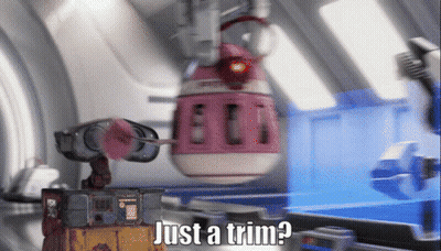 Wall E Says " Just A Trim " While Cleaning A Pink Object GIF