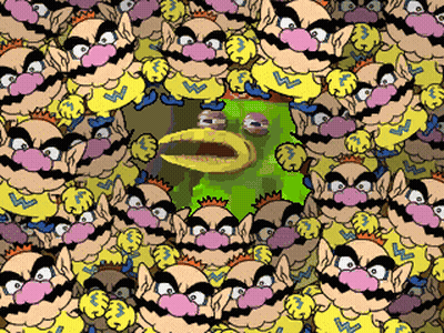 Wario Faces Surrounding Green Frog GIF