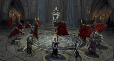 Warriors Standing In Circle Holding Skull Flags GIF