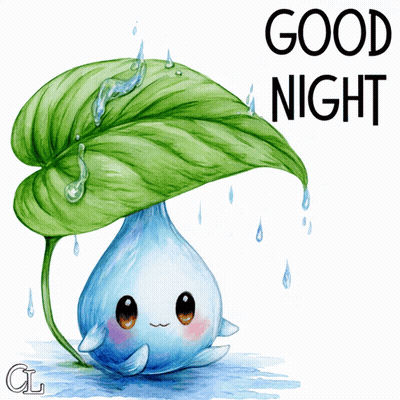 Water Drop Under Green Leaf Saying Good Night GIF