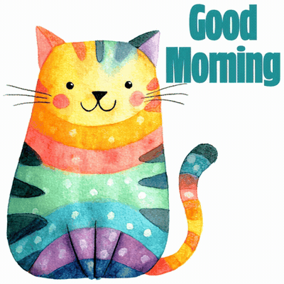 Watercolor Colorful Cat Saying Good Morning GIF