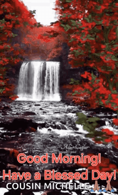Waterfall In Forest With Red Leaves GIF
