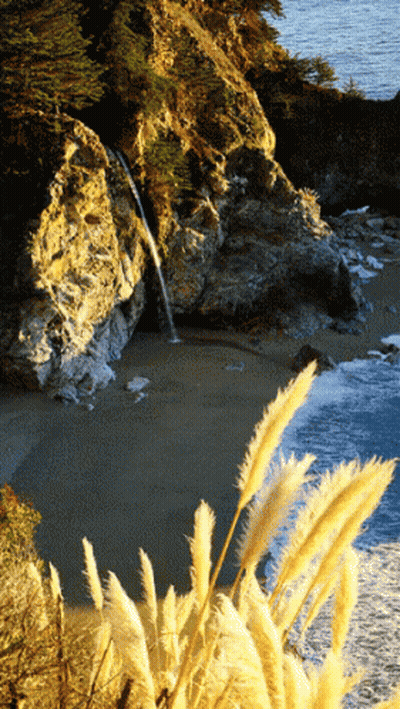 Waterfall On Cliff Overlooking Beach GIF