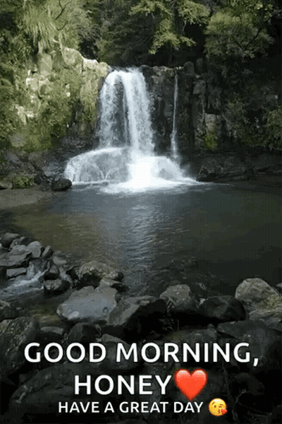 Waterfall Surrounded By Rocks And Trees Saying Good Morning GIF
