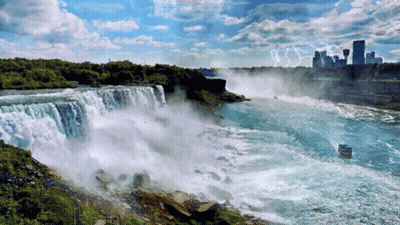 Waterfall With City And Boat GIF