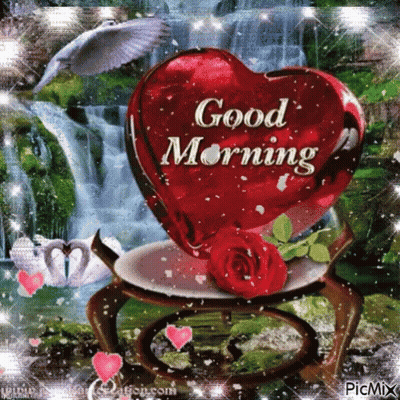 Waterfall With Heart And Rose Good Morning GIF
