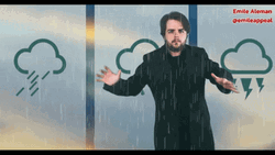 Weatherman Covering Head Raining Inside Studio GIF
