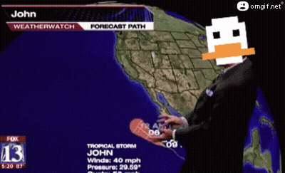 Weatherman With Duck On Head Forecasting Tropical Storm John GIF