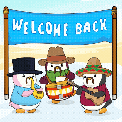 Welcome Back Sign With Three Penguins Playing Instruments GIF