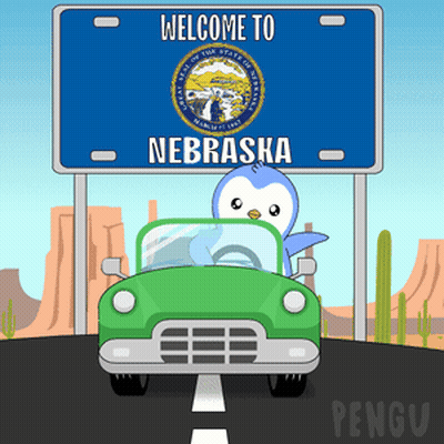 Welcome To Nebraska Sign With Penguin In Green Car GIF