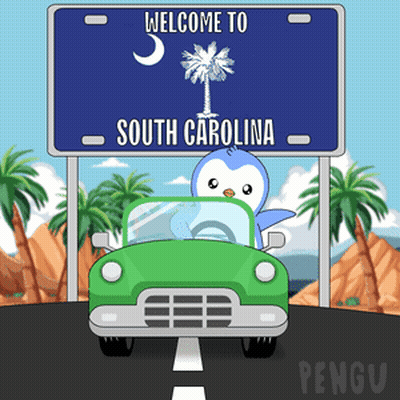 Welcome To South Carolina Sign With Penguin Driving Green Car GIF