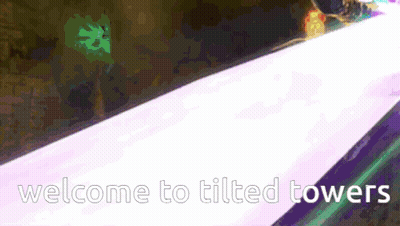 Welcome To Tilted Towers Is Written On A Green And Pink Background GIF