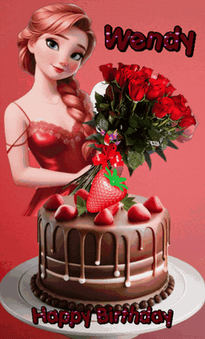 Wendy Holding Bouquet Of Roses Next To Cake GIF