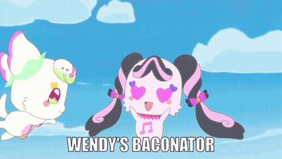 Wendy's Baconator On Blue Background With Cartoon Characters GIF