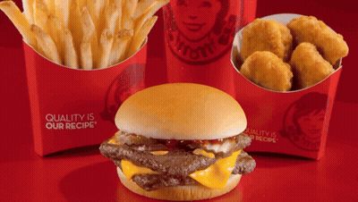 Wendy's Hamburger Fries And Nuggets On Red Table GIF