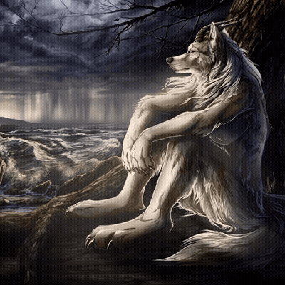 Werewolf Sitting On Rock Near Ocean GIF