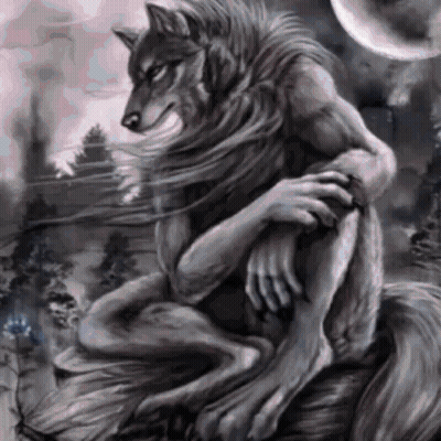 Werewolf Sitting On Tree Stump In Forest At Night GIF