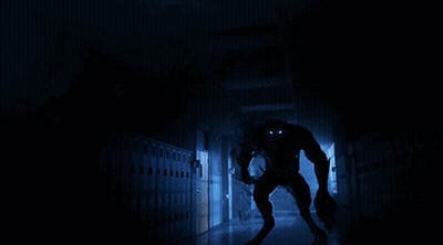 Werewolf Standing In Dark Hallway With Lockers GIF
