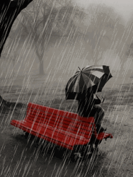 Wet Red Bench And Person On Rainy Day GIF
