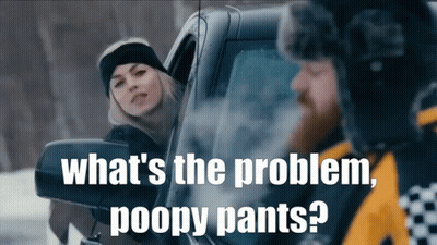 What 'S The Problem Poopy Pants ? Is Written Above A Man And A Woman In A Car GIF