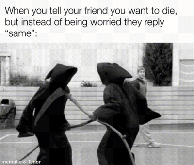 When You Tell Your Friend You Want To Die But Instead Of Being Worried They Reply " Same " Meme GIF