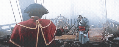 White And Red Man Holding Knife Before Building With A GIF