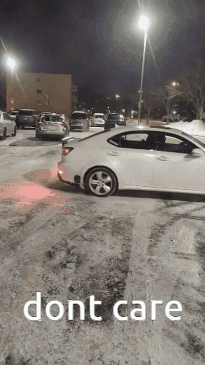 White Car With Dont Care Text In Snow GIF