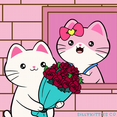 White Cat And Pink Cat Holding Red Roses GIF