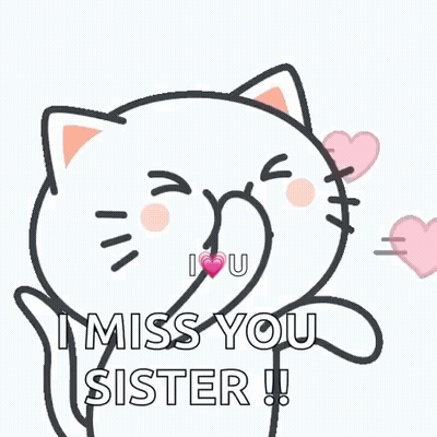 White Cat Blowing Pink Hearts Says I Miss You Sister GIF