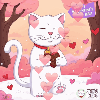 White Cat Holding Chocolate Heart Says Happy Valentine's Day GIF