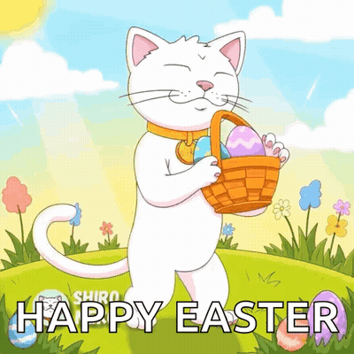 White Cat Holding Easter Basket With Eggs GIF