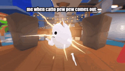 White Cat Saying Me When Cotto Pew Pew Comes Out GIF