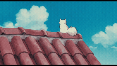 White Cat Sitting On Red Tiled Roof GIF