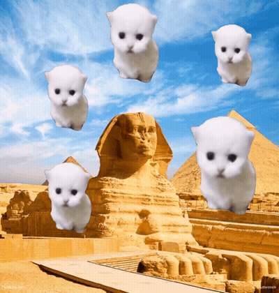 White Cats Flying Over Sphinx Near Pyramid GIF