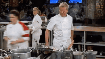 White Chef Surrounded By Pots And Pans GIF