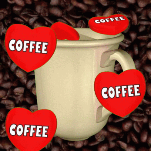 White Cup With Red Hearts Saying Coffee GIF