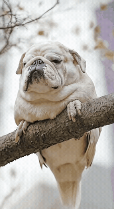 White Dog Sitting On Tree Branch Looking At Camera GIF