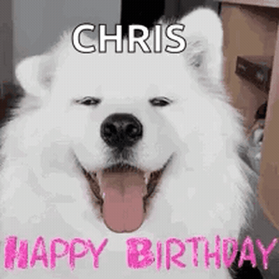 White Dog With Tongue Out Saying Chris Happy Birthday GIF
