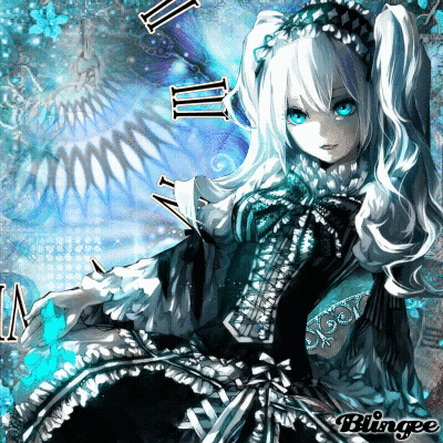 White-Haired Blue-Eyed Girl By Clock With II And III GIF