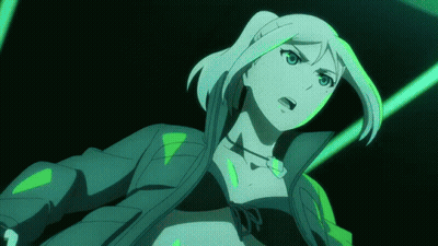 White-Haired Blue-Eyed Girl In Green Jacket And Black Top GIF