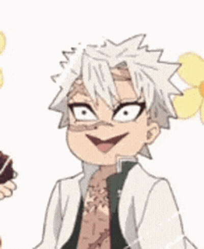 White Haired Cartoon Character Smiling Holding Flower GIF