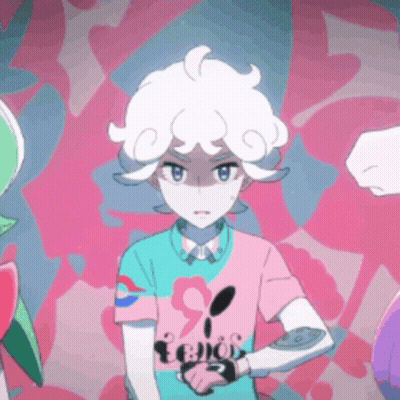 White Haired Cartoon In Pink Blue Shirt With Spoon GIF