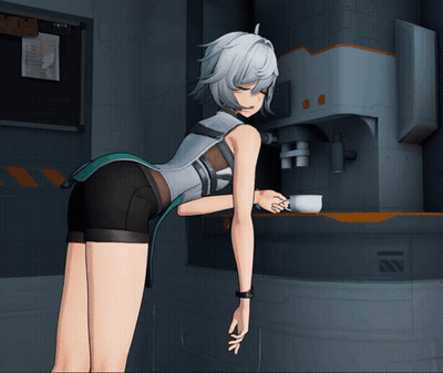White-Haired Girl Bending Over Holding Cup GIF