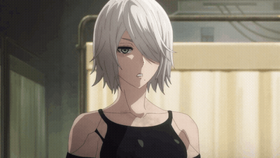 White-Haired Girl In Black Top Looking At Camera GIF