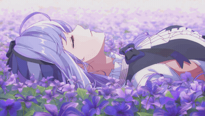 White-Haired Girl Laying In Purple Flower Field GIF
