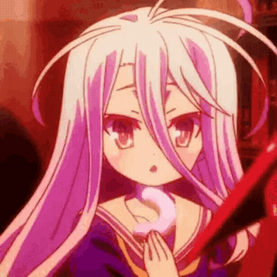 White-Haired Girl With Purple Eyes Holding Red Object GIF