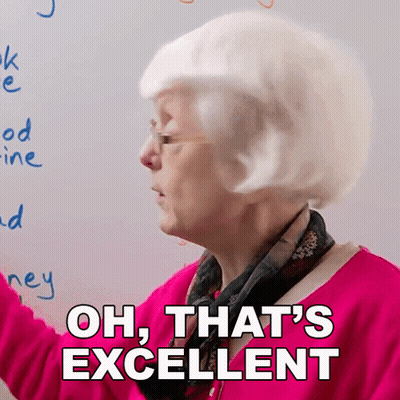 White-Haired Woman Says Oh That's Excellent On Whiteboard GIF